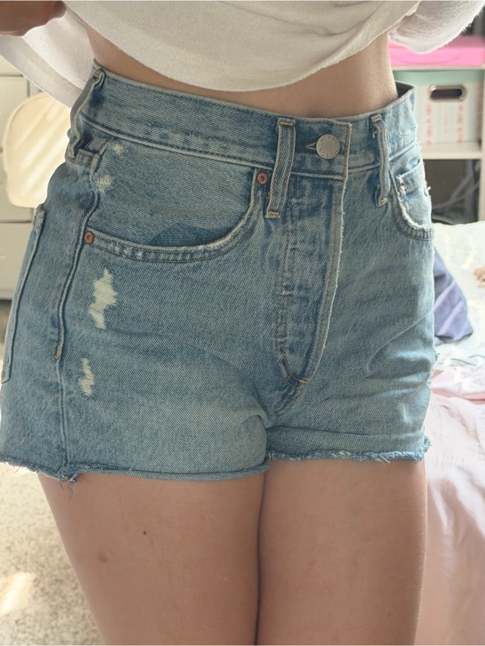 Denim Forum Light Blue High-Rise Distressed Jean Shorts
